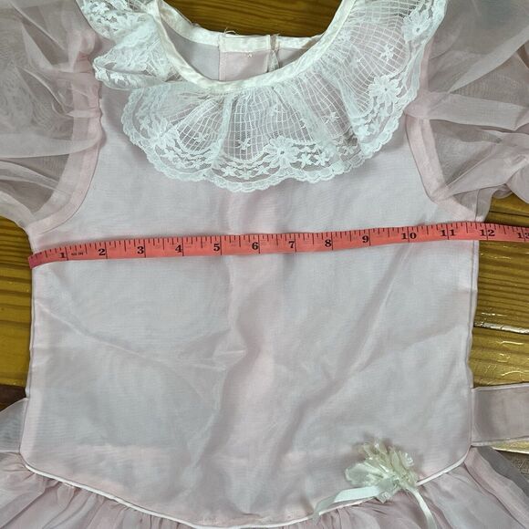 Vintage Le Maj Girl Ruffle Party Dress Size 4T Pink Satin White Lace Bubble Hem - Picture 3 of 16
